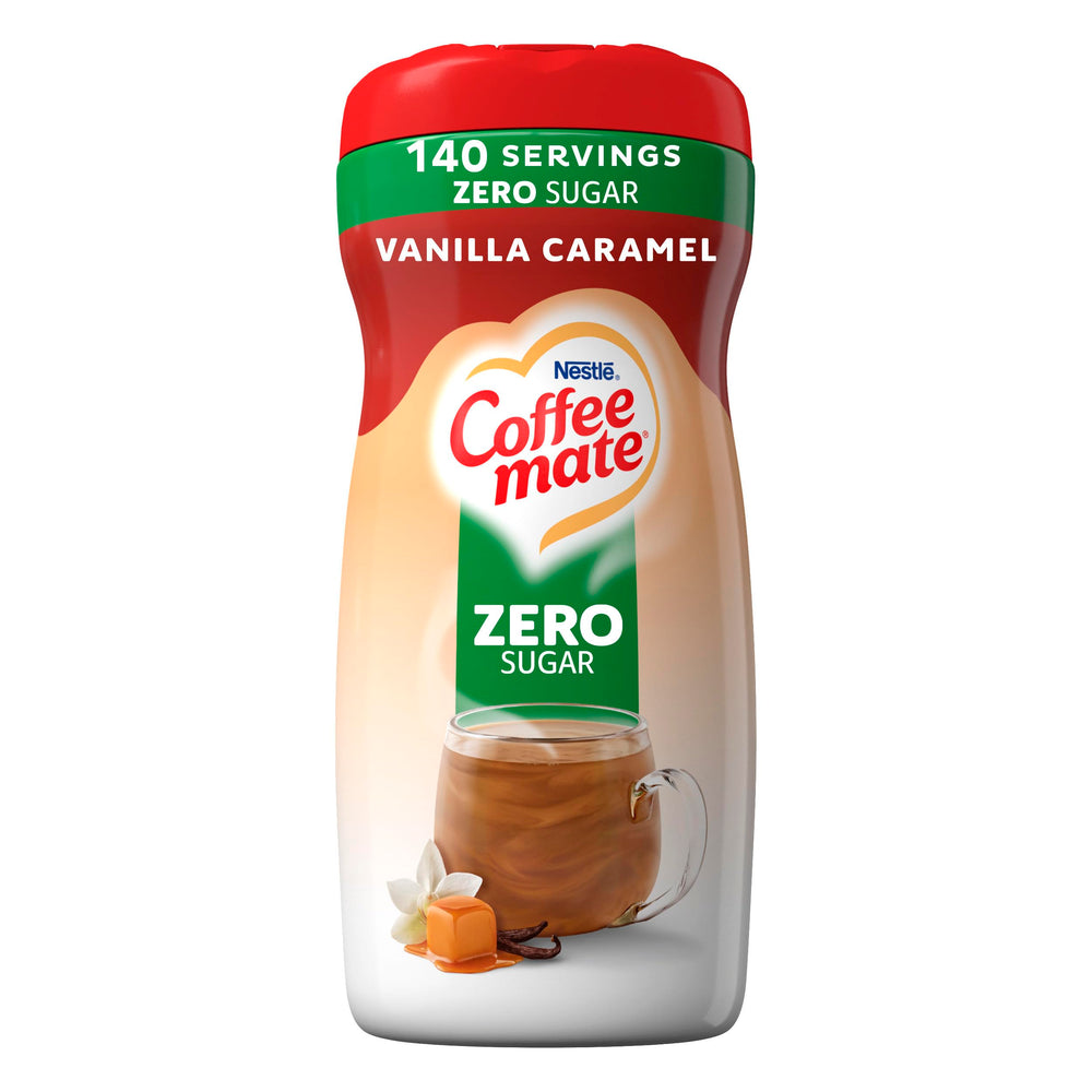 Coffee-mate front packaging showing Vanilla Caramel flavor and convenience