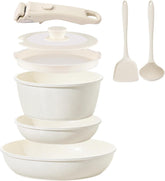 Coicur cream white cookware front view showing set and elegant finish benefit: brightens kitchen