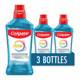 Colgate three-pack front packaging showing peppermint mouthwash and convenience