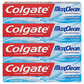 Colgate Max Clean front packaging showing four 6 oz tubes and benefits
