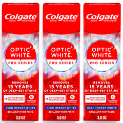 Colgate front packaging showing three tubes and brightening benefit
