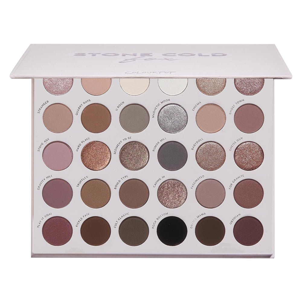 ColourPop flat lay of Stone Cold Fox palette showing all 30 pans and variety benefits