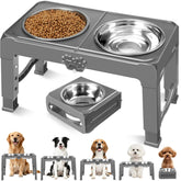 COMESOON front view of elevated feeder showing stable dual-bowl setup and benefit of tidy mealtimes