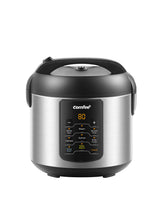 COMFEE' rice cooker front view showing compact stainless steel body and lid, great countertop fit