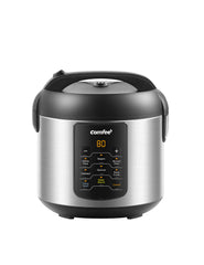 COMFEE' rice cooker front view showing compact stainless steel body and lid, great countertop fit