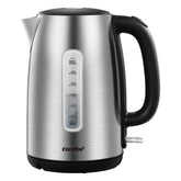 COMFEE' stainless kettle front view showing brushed steel and LED, fast boiling benefit