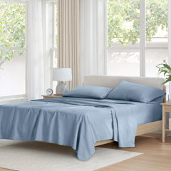 Comfort Spaces front packaging showing blue twin sheet set and benefits