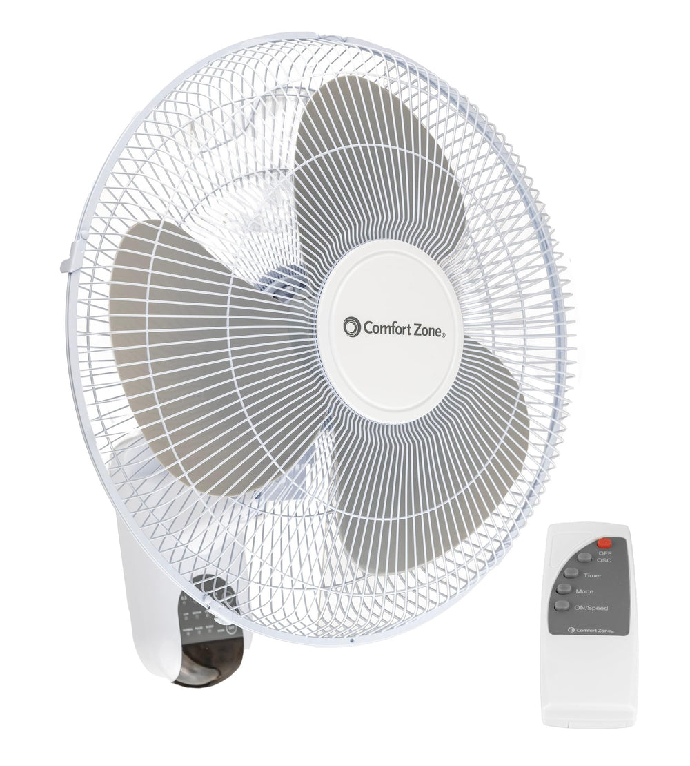 Comfort Zone front view of 16 inch wall fan showing controls and compact profile for space saving