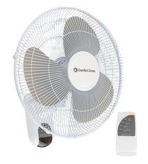 Comfort Zone front view of 16 inch wall fan showing controls and compact profile for space saving