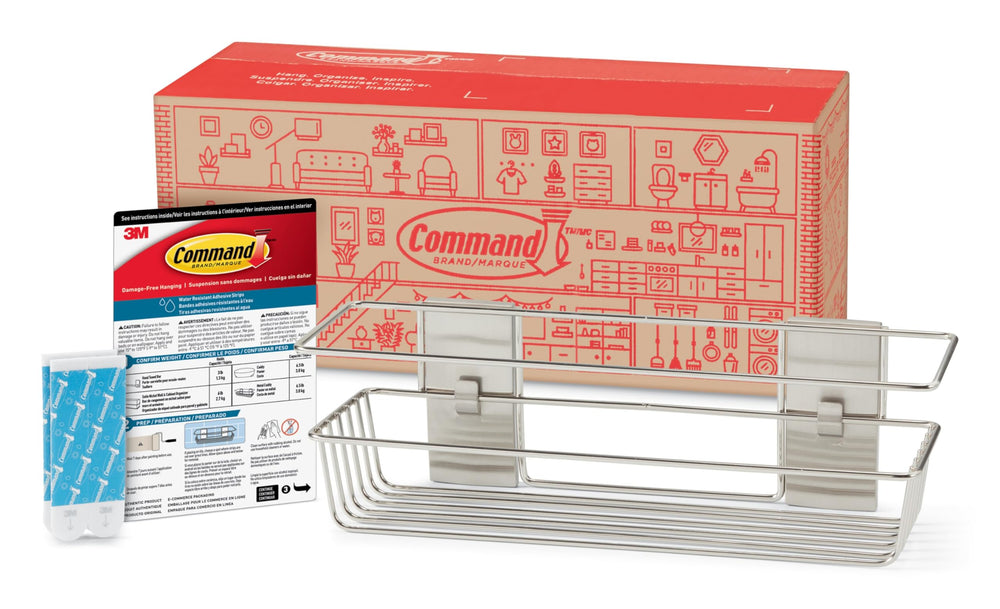 Command shower caddy front view showing organized bottles and tidy storage benefit