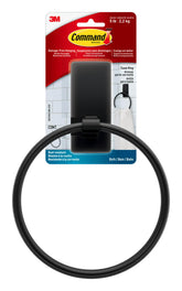 Command towel ring matte black front view showing sleek modern design and tidy storage