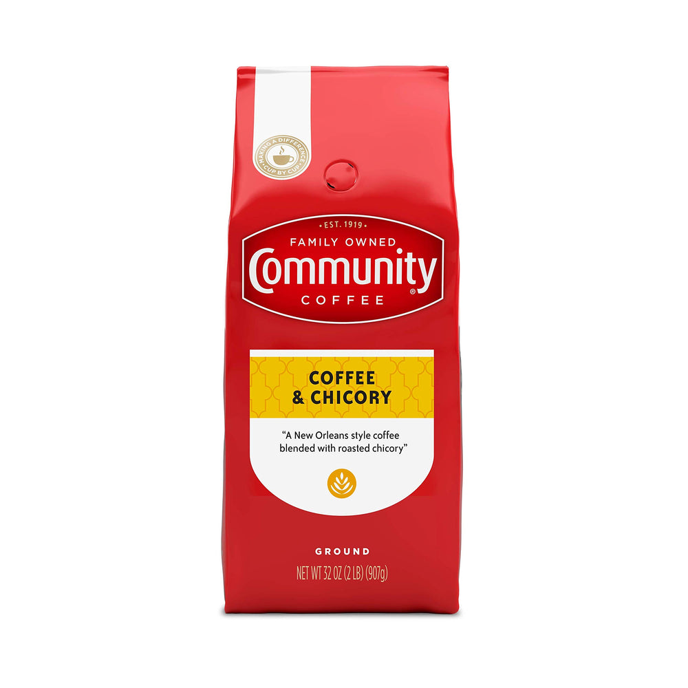 Community Coffee front packaging showing 32 oz bag and brand heritage benefit