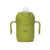 Comotomo front view of 8oz green tumbler showing shape and lid, promotes easy gripping