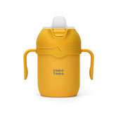 Comotomo yellow tumbler front view showing insulated stainless body and lid benefit: clear product details