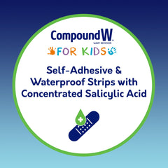 Compound W strip applied to a child’s foot offering waterproof protection