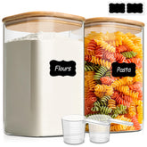 ComSaf front view of two glass jars showing clear bodies and bamboo lids for neat storage