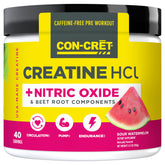 CON-CRET tub front label showing sour watermelon flavor and 40 servings for clear product ID and benefits