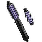 Conair front view of 2-in-1 hot air styler showing both brush attachments and benefits