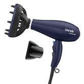 Conair InfinitiPRO dryer front view showing sleek dark blue body and benefits