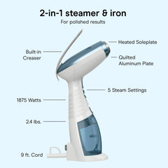 Conair steamer being used on a hanging shirt to remove wrinkles quickly and safely