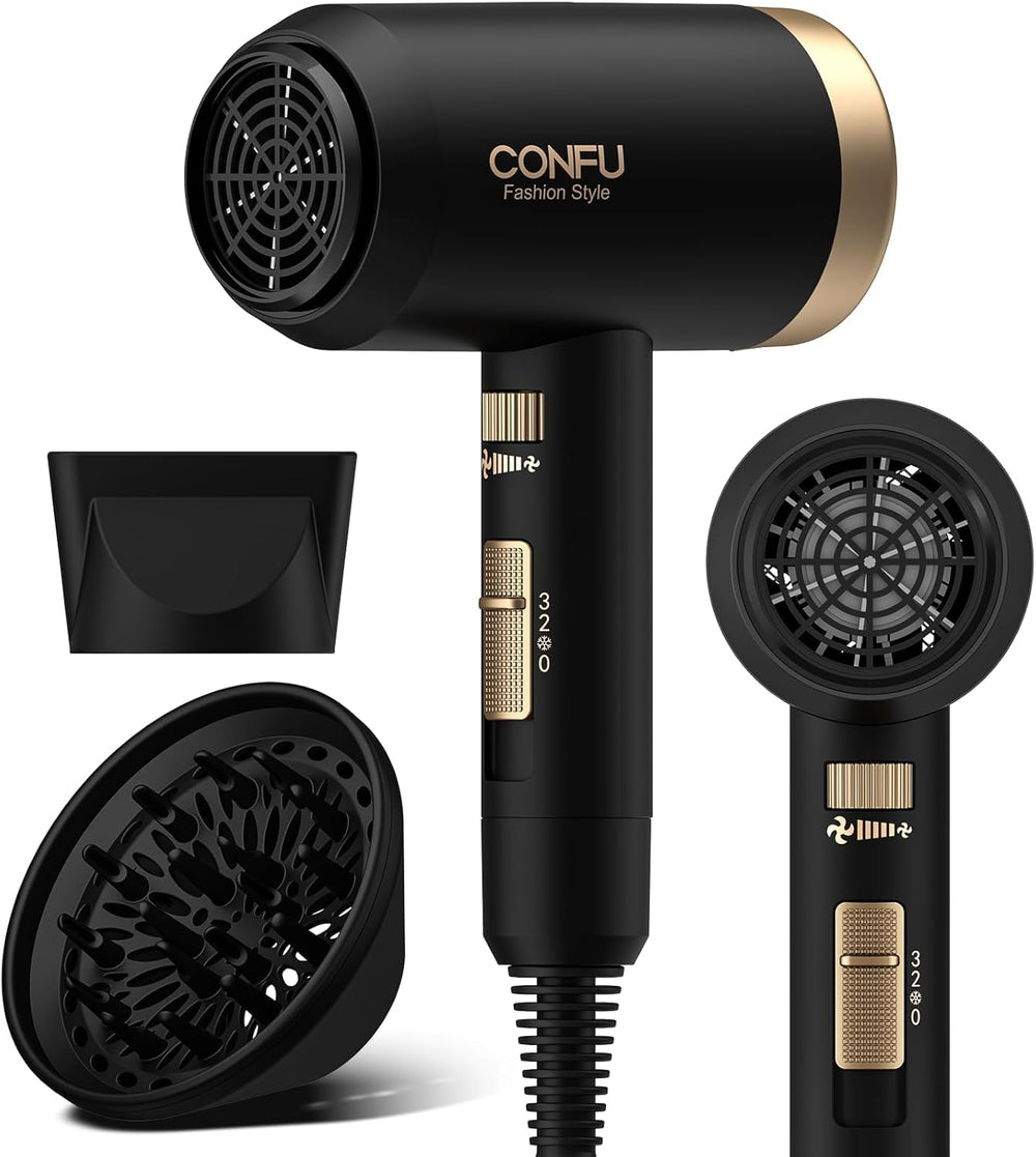 CONFU hair dryer front view showing sleek body and nozzle for fast drying