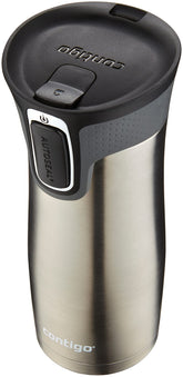 Contigo West Loop front view showing compact stainless-steel mug and secure lid keeping drinks contained