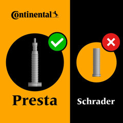 Close-up of Continental 42mm Presta valve demonstrating easy inflation and seal