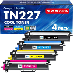 Cool Toner TN227 4-pack front packaging showing product and compatibility listing benefit