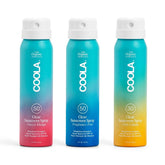 COOLA front packaging showing three travel-size sprays for convenient protection