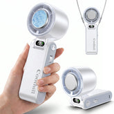 Coolhill front view showing handheld fan and benefits of portable cooling