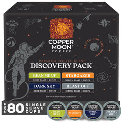 Copper Moon front packaging showing 80-count discovery variety, highlights convenience