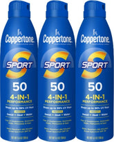 Coppertone SPORT three‑pack front view showing convenient multi‑bottle supply
