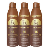 Coppertone spray front packaging showing SPF 15 for easy identification and fast application