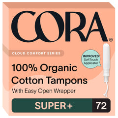 Cora front packaging showing organic cotton tampons and benefits