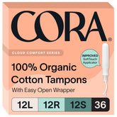 Cora multipack front view showing three absorbencies and compact benefits