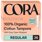 Cora front packaging of 36 regular tampons showing clean design and benefits