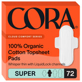 Cora front packaging showing pack of 72 Super pads and benefits