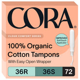 Cora front packaging multipack showing both regular and super absorbencies and clear benefits