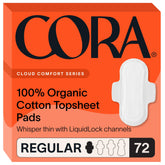 Cora front packaging showing 72 regular pads and product information for daily protection