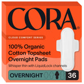 Cora front packaging showing overnight pads and product benefits