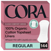 Cora front packaging showing 144 liners and product benefits