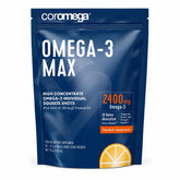 Coromega MAX front packaging showing citrus burst and packet count, clear benefit of portability