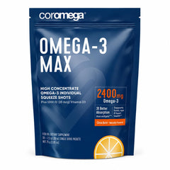 Coromega MAX front packaging showing citrus burst and packet count, clear benefit of portability