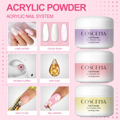 COSCELIA three acrylic powders clear pink white for strong durable extensions
