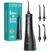 COSLUS C50 front view showing compact cordless flosser and controls for easy travel