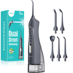 COSLUS front view showing compact flosser and power button for easy control
