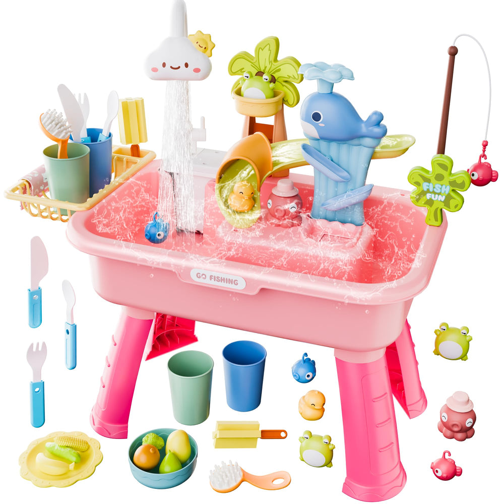 Cosminy front view showing complete pink water table and packaging benefit quick setup