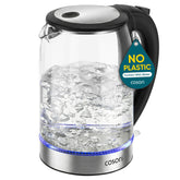Cosori electric kettle front view showing sleek design and fast boil benefit