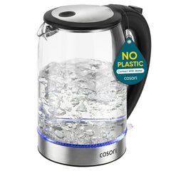 Cosori electric kettle front view showing sleek design and fast boil benefit