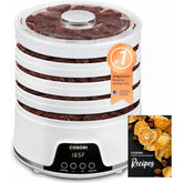 Cosori front view of dehydrator showing compact durable housing and benefit of space-saving design